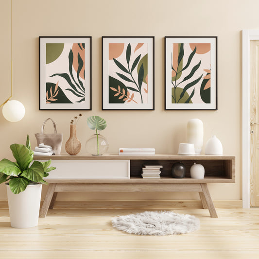 Set of 3 Boho Abstract Leaves Art Framed Wall Art