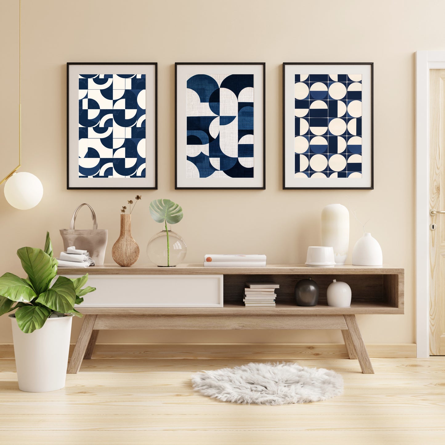 Set of 3- Geometric White and Blue Style  Framed Wall Art