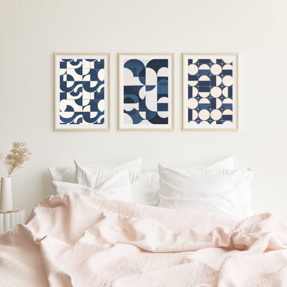 Set of 3- Geometric White and Blue Style  Framed Wall Art