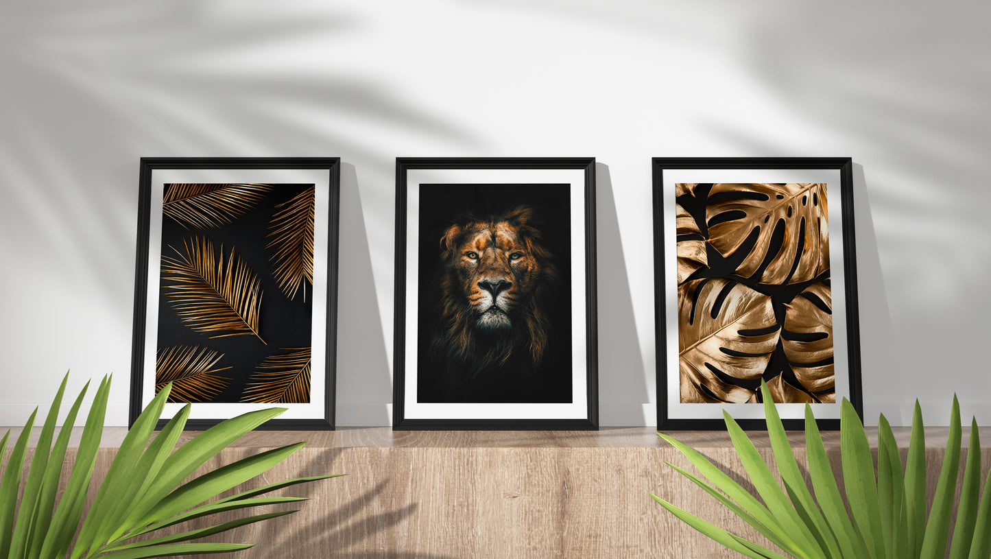 Set of 3-Lion & Golden leaves Framed Wall Art (Copy)