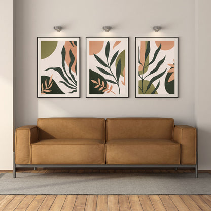 Set of 3 Boho Abstract Leaves Art Framed Wall Art