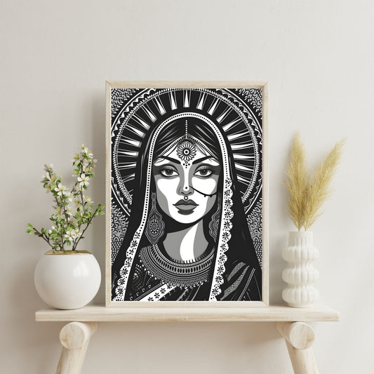 Black & White Indian Traditional Women Framed Wall Art